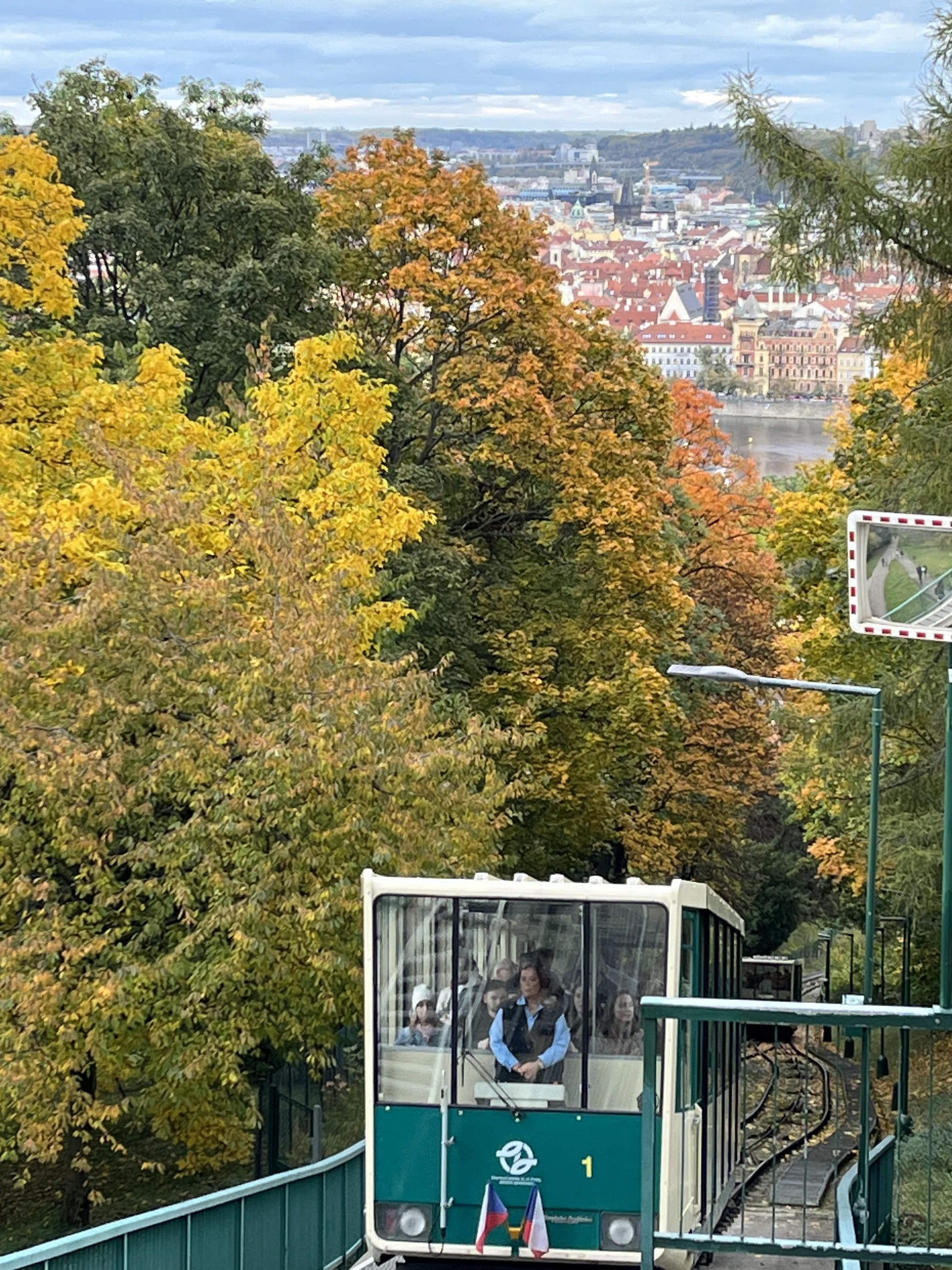 Funicular to Petrin Hill with view of prague