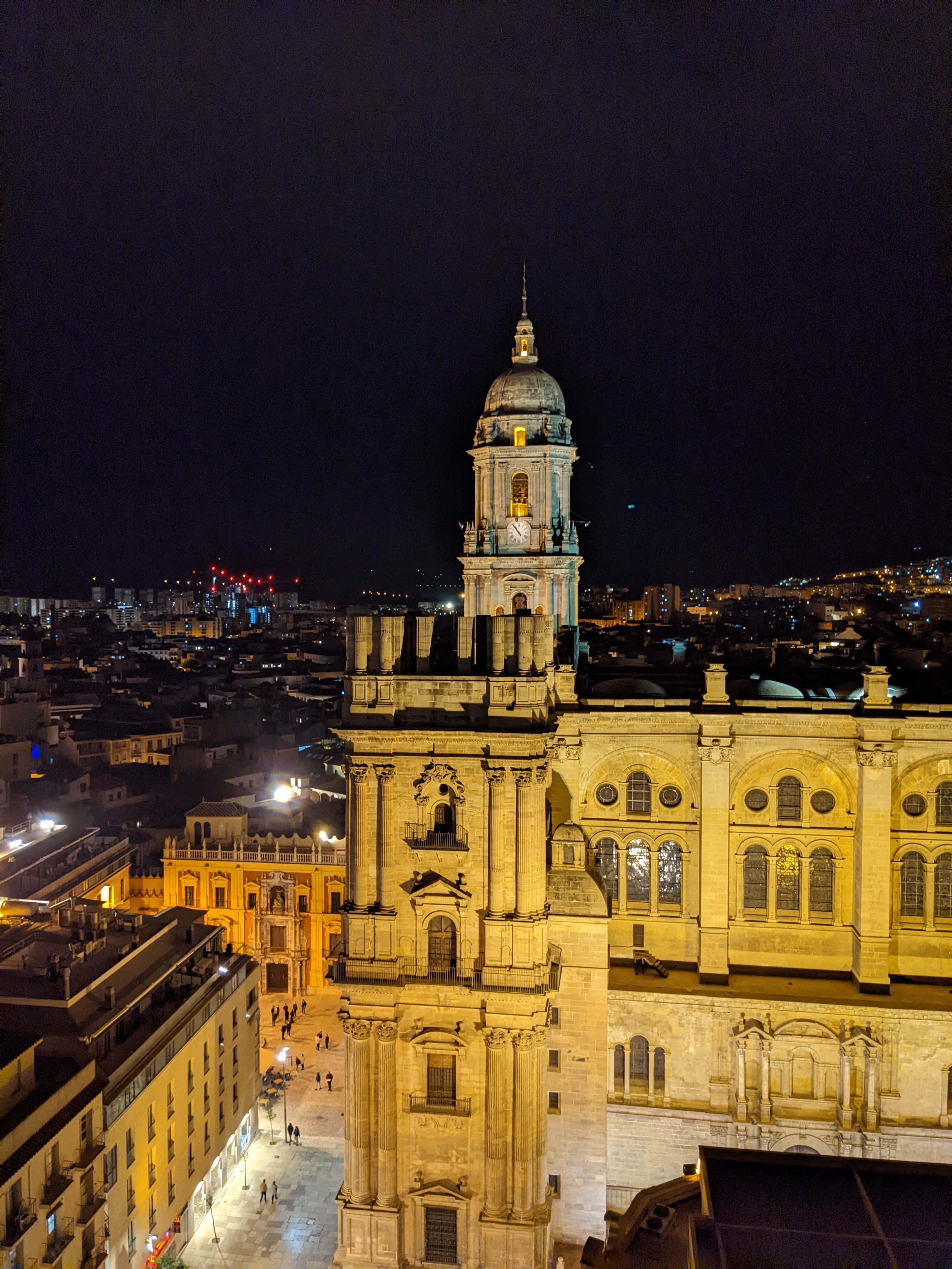Malaga Cathedral from far away at night